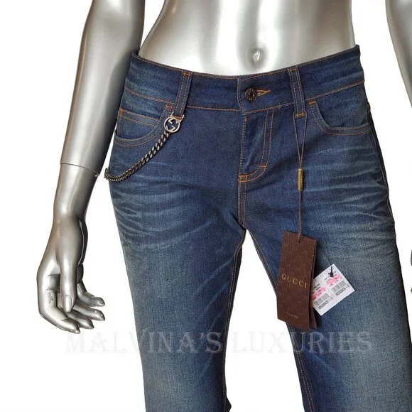 GUCCI JEANS FLARED DENIM PANTS w INTERLOCKING G LOGO CHAIN HARDWARE sz 42 / US 6 - Picture 2 of 14